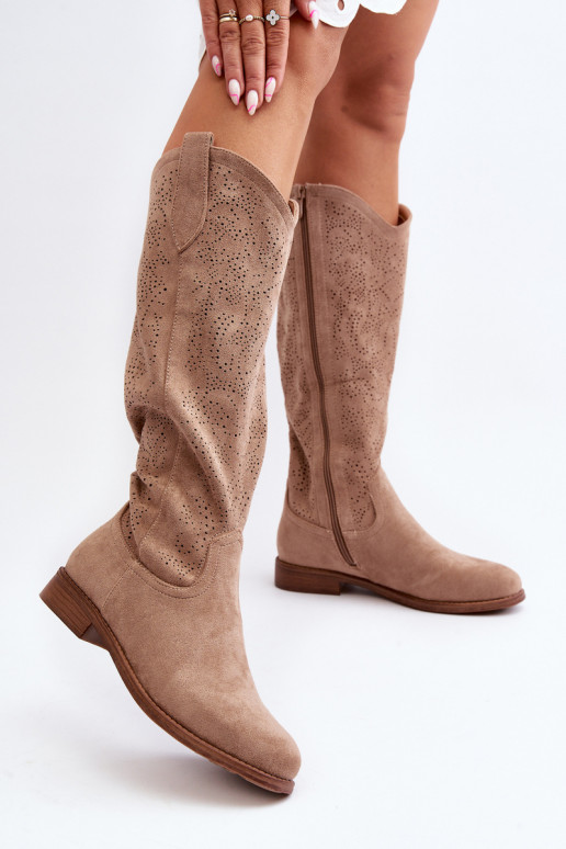 Women's openwork long boots beige... Women's openwork long boots beige...