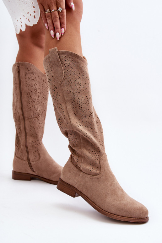Women's openwork long boots beige... Women's openwork long boots beige...