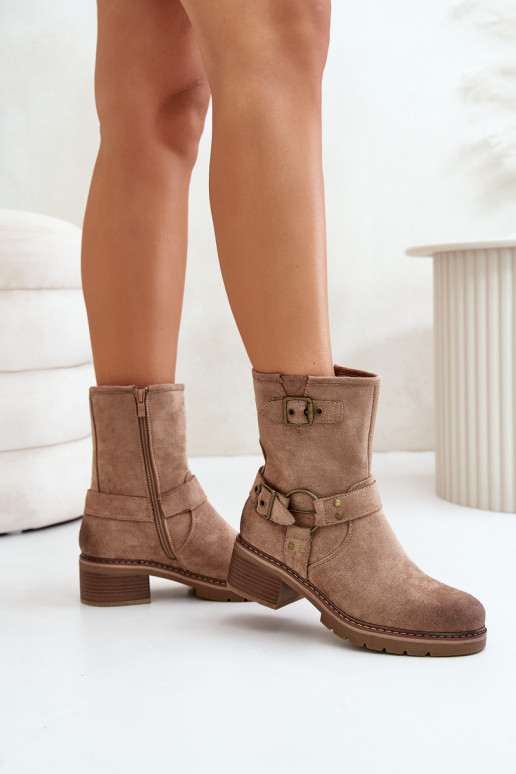 Womens Low Heel Boots With Buckles Dark Beige Zudra Womens Low Heel Boots With Buckles Dark Beige Zudra