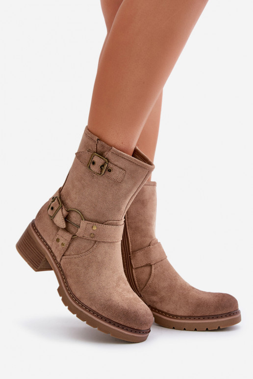 Womens Low Heel Boots With Buckles Dark Beige Zudra Womens Low Heel Boots With Buckles Dark Beige Zudra