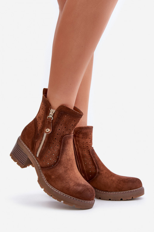 Women's Ankle Boots With Openwork Pattern On Heel Brown Oviria