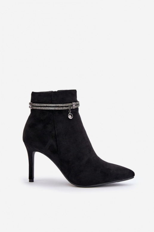 Ocieplane Botki Na Szpilce Z Ozdobnym Paskiem Eko Zamszowe Vinceza 16469 Czarne