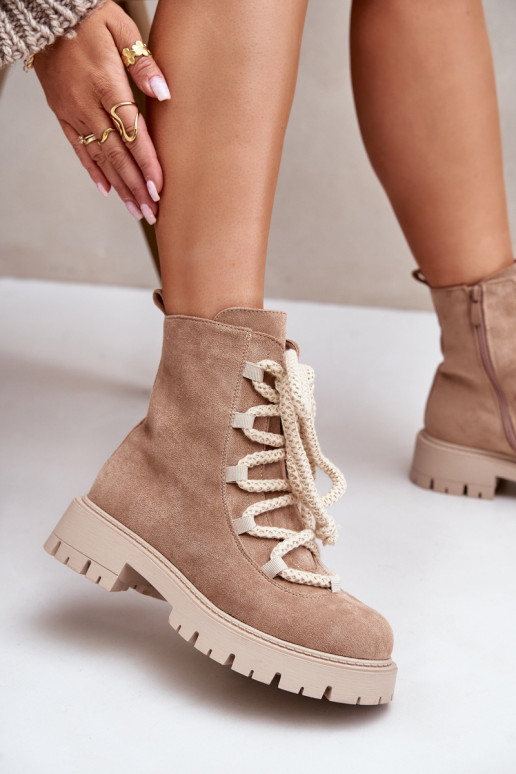 Warm ankle boots made of eco suede with a zipper beige Caellita Warm ankle boots made of eco suede with a zipper beige Caellita