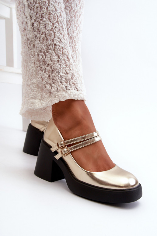 Eco leather wide heel shoes in gold...