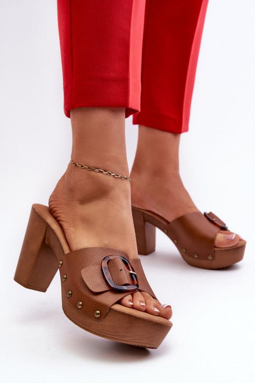 Women's mules with stiletto heel and buckle brown Betinna