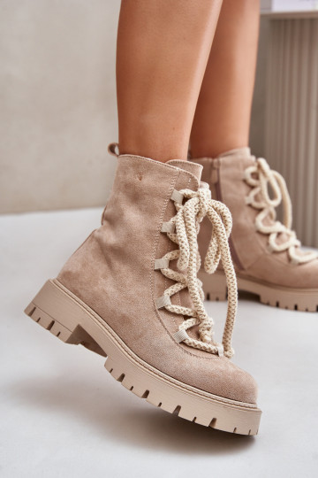 Warm ankle boots made of eco suede with zipper light beige Caellita 2