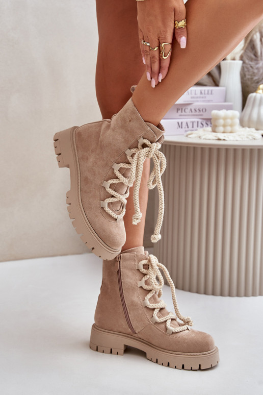 Warm ankle boots made of eco suede with zipper light beige Caellita Warm ankle boots made of eco suede with zipper light beige Caellita