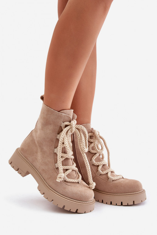 Warm ankle boots made of eco suede with zipper light beige Caellita Warm ankle boots made of eco suede with zipper light beige Caellita