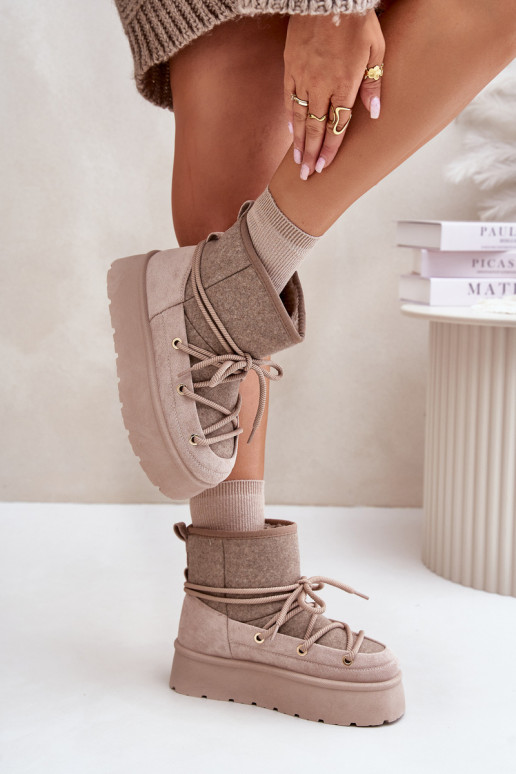 Snow Boots With Lacing On Platform Beige Mavora Snow Boots With Lacing On Platform Beige Mavora