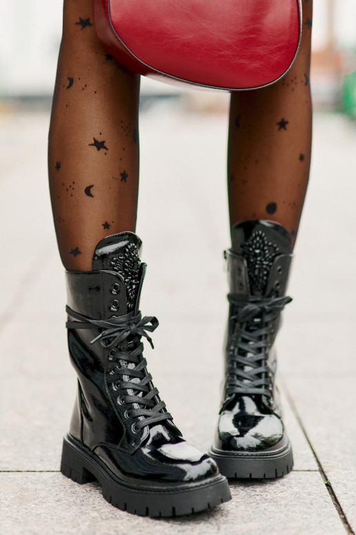 Lacquered Insulated Work Boots With Decoration Black Kelilea Lacquered Insulated Work Boots With Decoration Black Kelilea