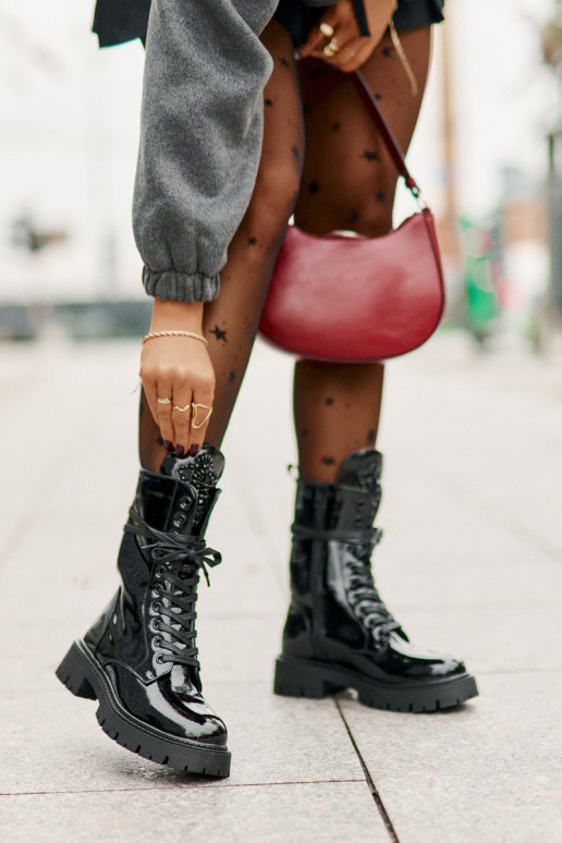 Lacquered Insulated Work Boots With Decoration Black Kelilea Lacquered Insulated Work Boots With Decoration Black Kelilea