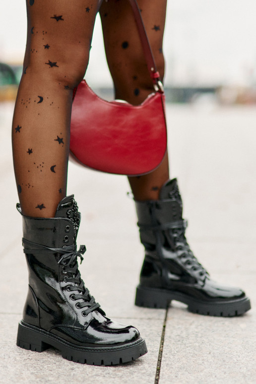 Lacquered Insulated Work Boots With Decoration Black Kelilea Lacquered Insulated Work Boots With Decoration Black Kelilea