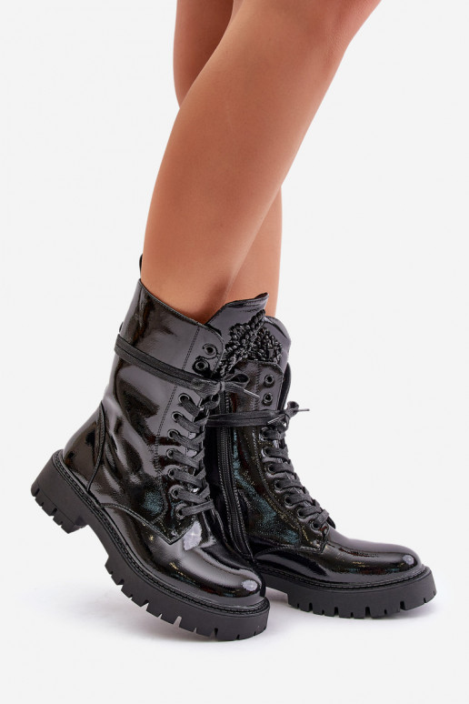 Lacquered Insulated Work Boots With Decoration Black Kelilea Lacquered Insulated Work Boots With Decoration Black Kelilea