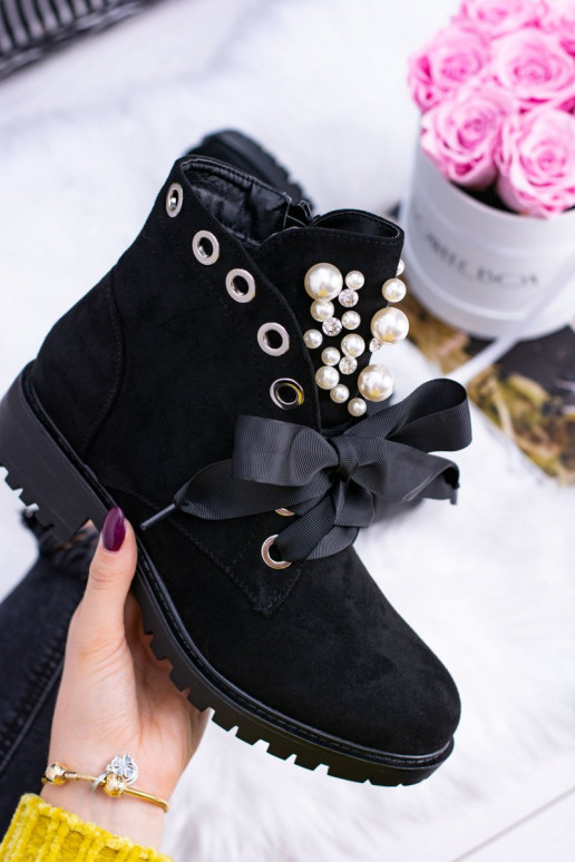 Suede Lined Ankle Boots With Pearls And Ribbon Black Perla Suede Lined Ankle Boots With Pearls And Ribbon Black Perla
