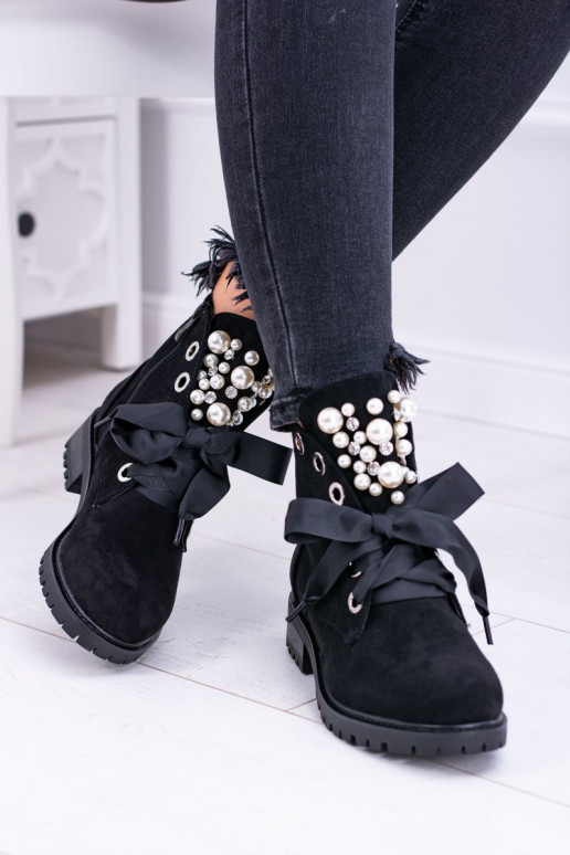 Suede Lined Ankle Boots With Pearls And Ribbon Black Perla Suede Lined Ankle Boots With Pearls And Ribbon Black Perla
