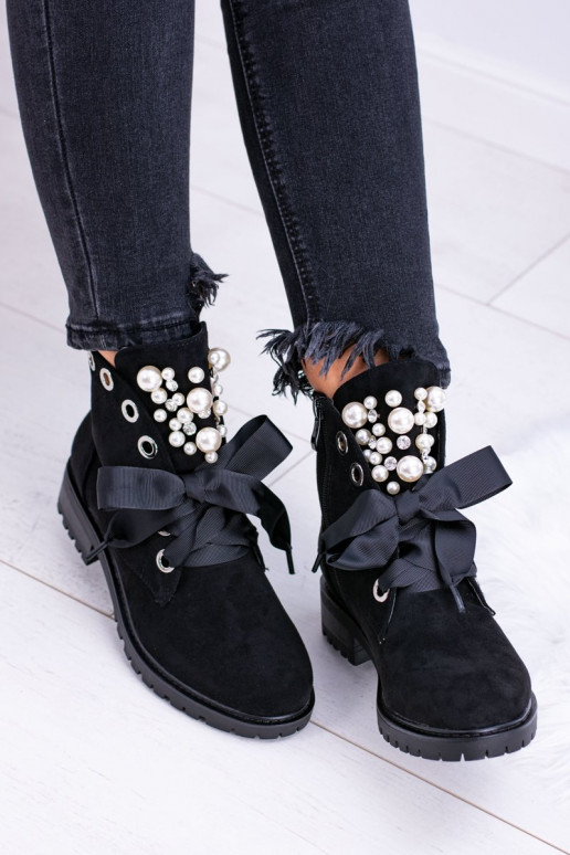 Suede Lined Ankle Boots With Pearls And Ribbon Black Perla Suede Lined Ankle Boots With Pearls And Ribbon Black Perla