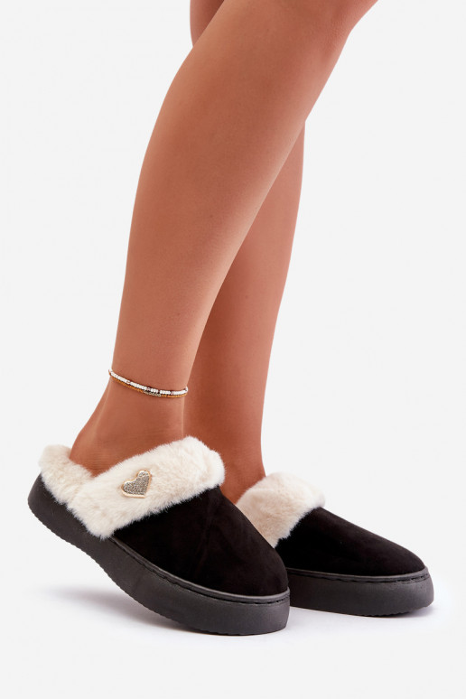 Women's Slippers With Fur And Decorative Heart Black Otielo Women's Slippers With Fur And Decorative Heart Black Otielo