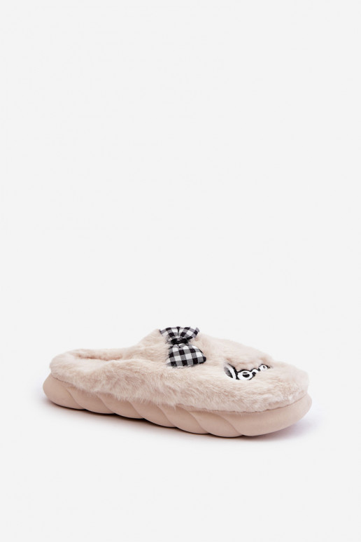Fuzzy Women's Slippers With Patches And Bow Light Beige Linnorelia Fuzzy Women's Slippers With Patches And Bow Light Beige Linnorelia