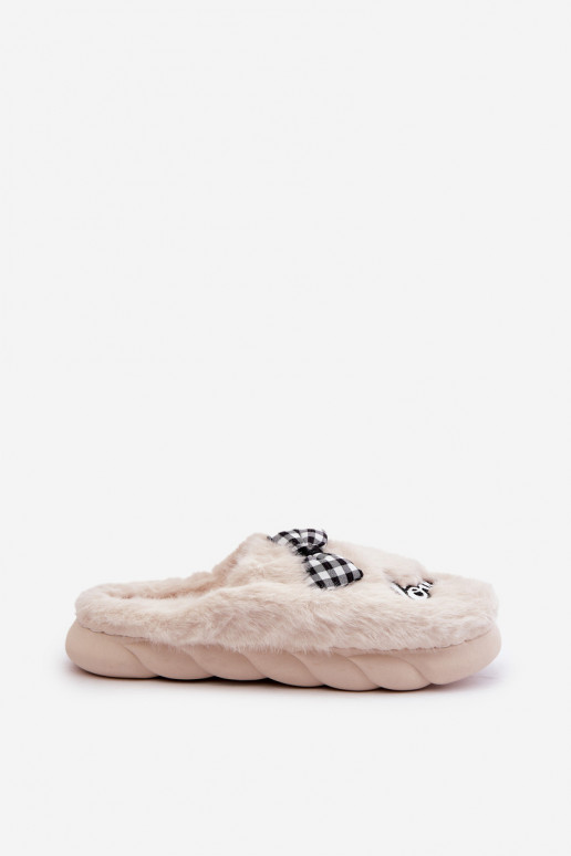 Fuzzy Women's Slippers With Patches And Bow Light Beige Linnorelia Fuzzy Women's Slippers With Patches And Bow Light Beige Linnorelia