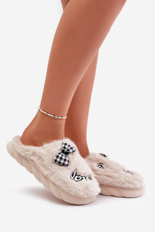 Fuzzy Women's Slippers With Patches And Bow Light Beige Linnorelia Fuzzy Women's Slippers With Patches And Bow Light Beige Linnorelia