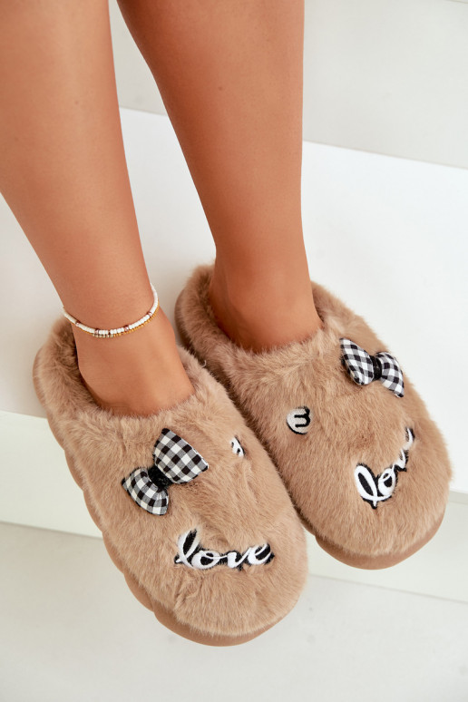Womens Fur Slippers With Patches And Bow Brown Linnorelia Womens Fur Slippers With Patches And Bow Brown Linnorelia