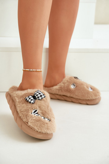 Womens Fur Slippers With Patches And Bow Brown Linnorelia 2