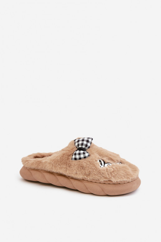 Womens Fur Slippers With Patches And Bow Brown Linnorelia Womens Fur Slippers With Patches And Bow Brown Linnorelia