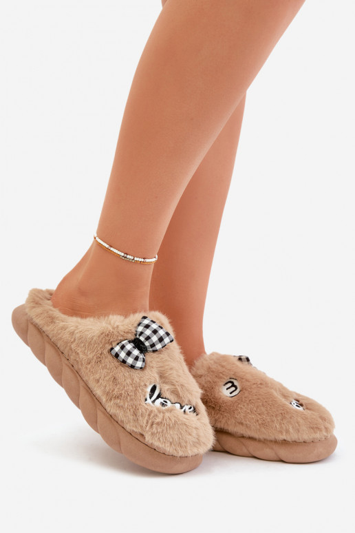 Womens Fur Slippers With Patches And Bow Brown Linnorelia Womens Fur Slippers With Patches And Bow Brown Linnorelia