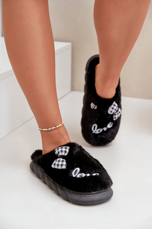 Women's Fleece Slippers With Patches And Bow Black Linnorelia Women's Fleece Slippers With Patches And Bow Black Linnorelia