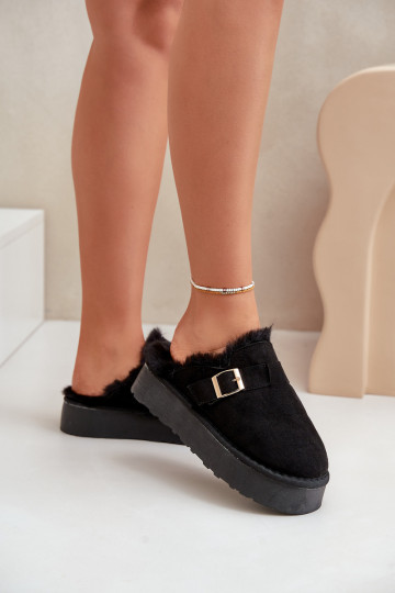 Women's Slippers On Thick Sole With Fur And Buckle Black Linneola