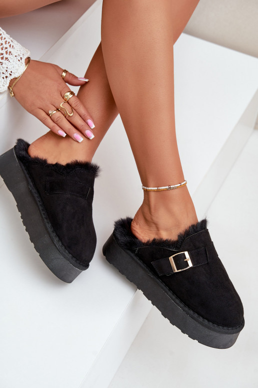 Women's Slippers On Thick Sole With Fur And Buckle Black Linneola Women's Slippers On Thick Sole With Fur And Buckle Black Linneola