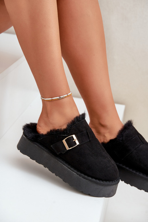 Women's Slippers On Thick Sole With Fur And Buckle Black Linneola Women's Slippers On Thick Sole With Fur And Buckle Black Linneola