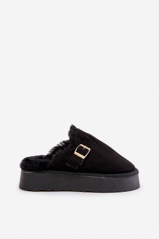 Women's Slippers On Thick Sole With Fur And Buckle Black Linneola Women's Slippers On Thick Sole With Fur And Buckle Black Linneola