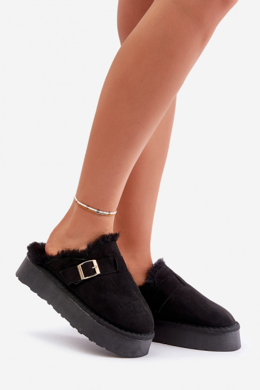 Women's Slippers On Thick Sole With Fur And Buckle Black Linneola Women's Slippers On Thick Sole With Fur And Buckle Black Linneola