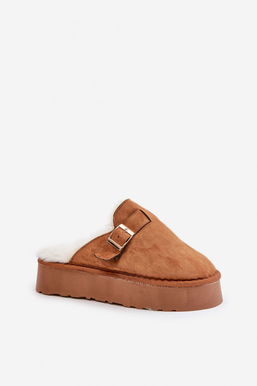 Women's slippers on a thick sole with fur and a buckle Camel Linneola Women's slippers on a thick sole with fur and a buckle Camel Linneola