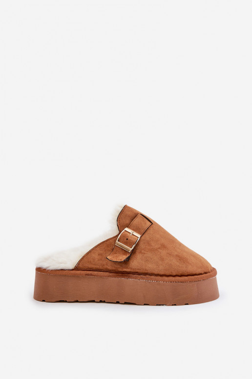 Women's slippers on a thick sole with fur and a buckle Camel Linneola Women's slippers on a thick sole with fur and a buckle Camel Linneola