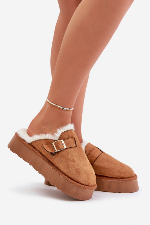 Women's slippers on a thick sole with fur and a buckle Camel Linneola Women's slippers on a thick sole with fur and a buckle Camel Linneola