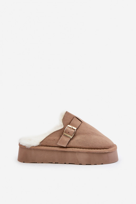 Women's slippers with thick sole with fur and buckle dark beige Linneola