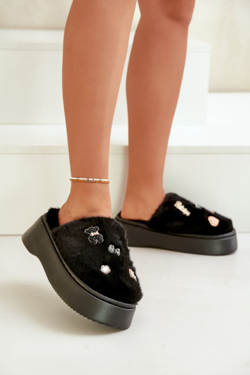 Women's Fur Slippers On Thick Sole With Pins Black Zintoria 2