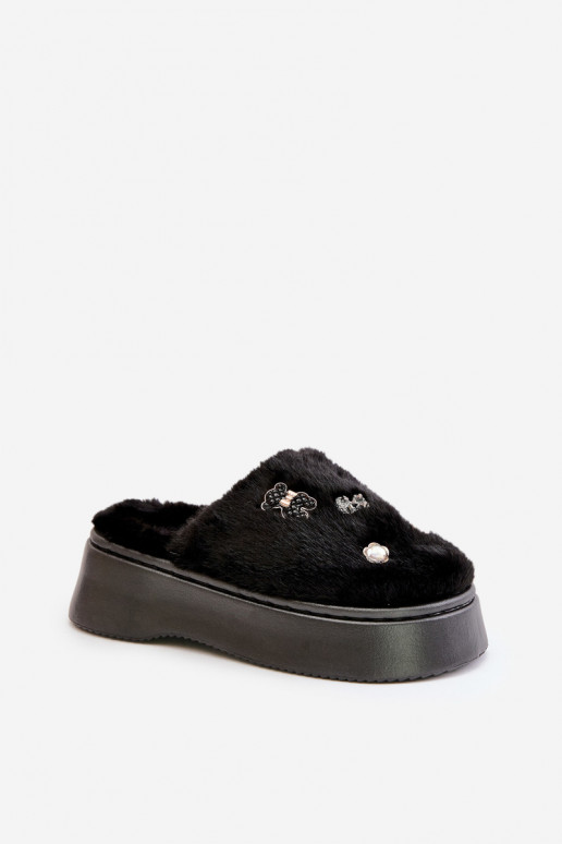Women's Fur Slippers On Thick Sole With Pins Black Zintoria