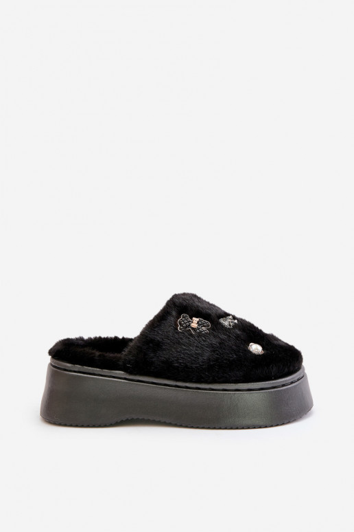 Women's Fur Slippers On Thick Sole With Pins Black Zintoria