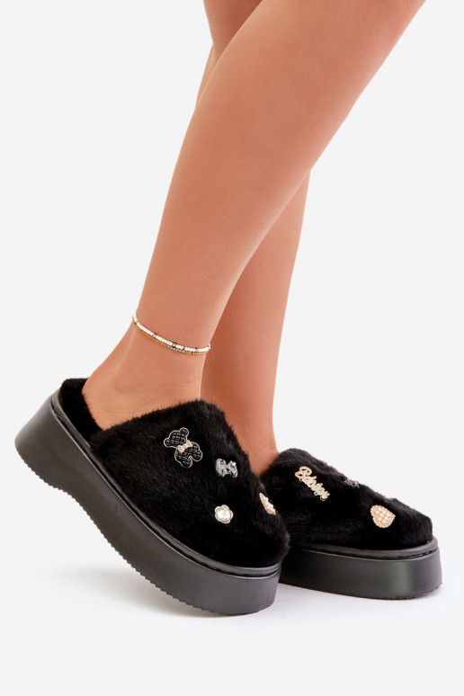 Women's Fur Slippers On Thick Sole With Pins Black Zintoria