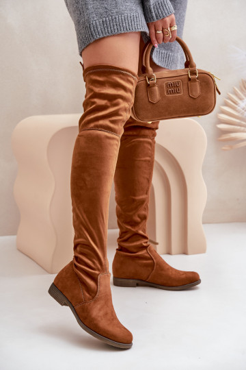 Knee High Flat Heel Boots Made Of Eco Suede Camel Linnithia 2