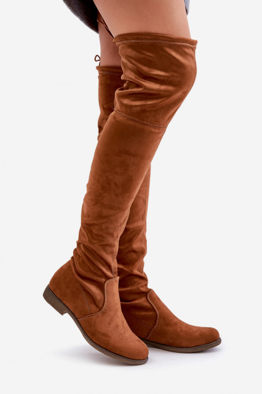 Knee High Flat Heel Boots Made Of Eco Suede Camel Linnithia