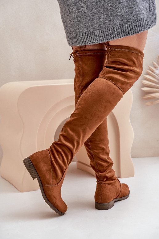 Knee High Flat Heel Boots Made Of Eco Suede Camel Linnithia
