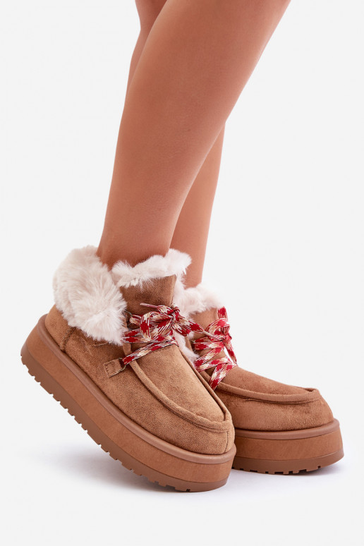 Low Women's Snow Boots On Platform With Fur Camel Neathren Low Women's Snow Boots On Platform With Fur Camel Neathren