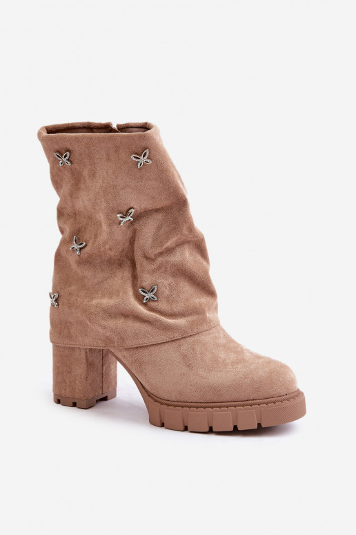Decorated Ankle Boots With Turned Shaft On Heel Beige Esadora Decorated Ankle Boots With Turned Shaft On Heel Beige Esadora
