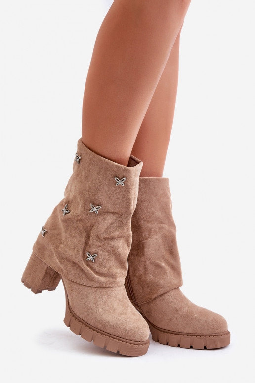 Decorated Ankle Boots With Turned Shaft On Heel Beige Esadora Decorated Ankle Boots With Turned Shaft On Heel Beige Esadora