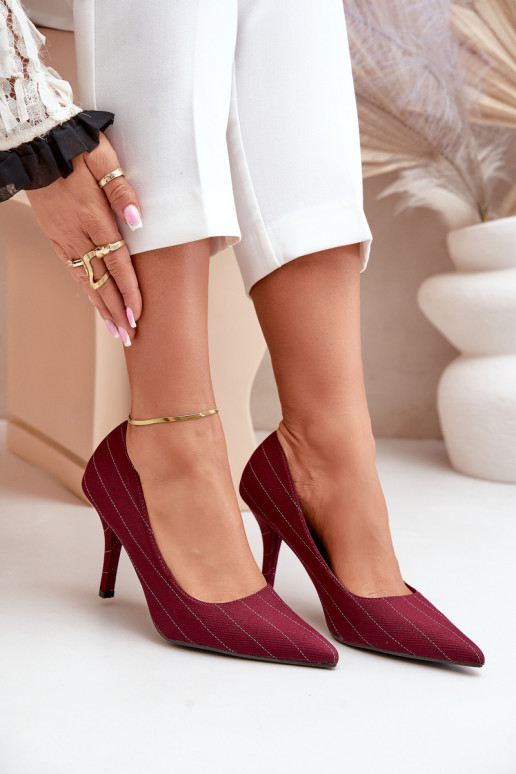 Materiałowe Szpilki Damskie W Paski Bordowe Tifidra Materiałowe Szpilki Damskie W Paski Bordowe Tifidra