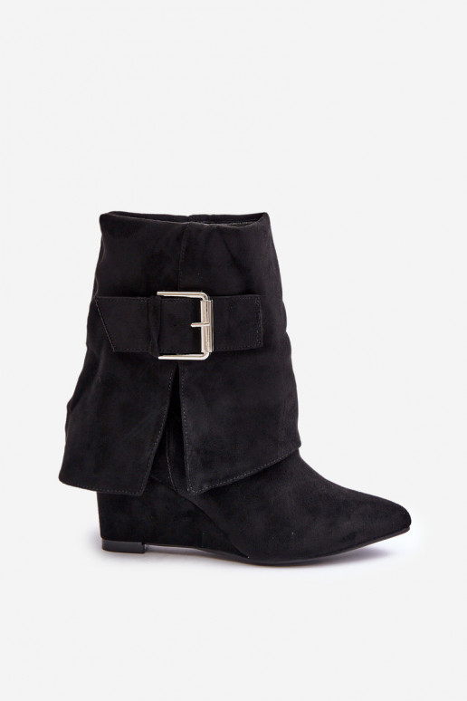 Wedge Ankle Boots With Rolled Shaft And Buckle Eco Suede Black Vortinia Wedge Ankle Boots With Rolled Shaft And Buckle Eco Suede Black Vortinia